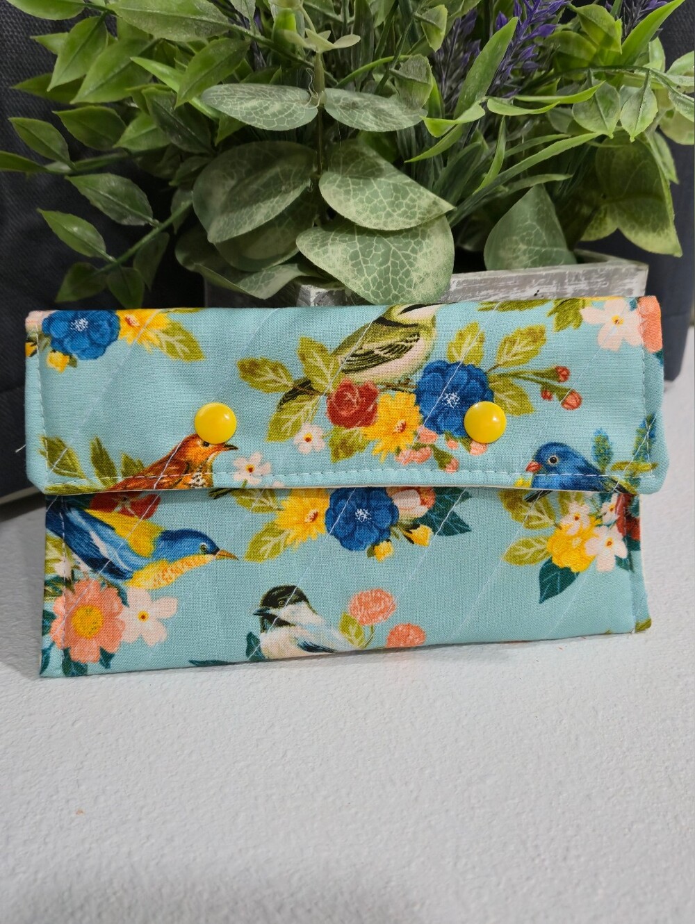 Floral Bird Print Snap Clutch - Aqua Wallet